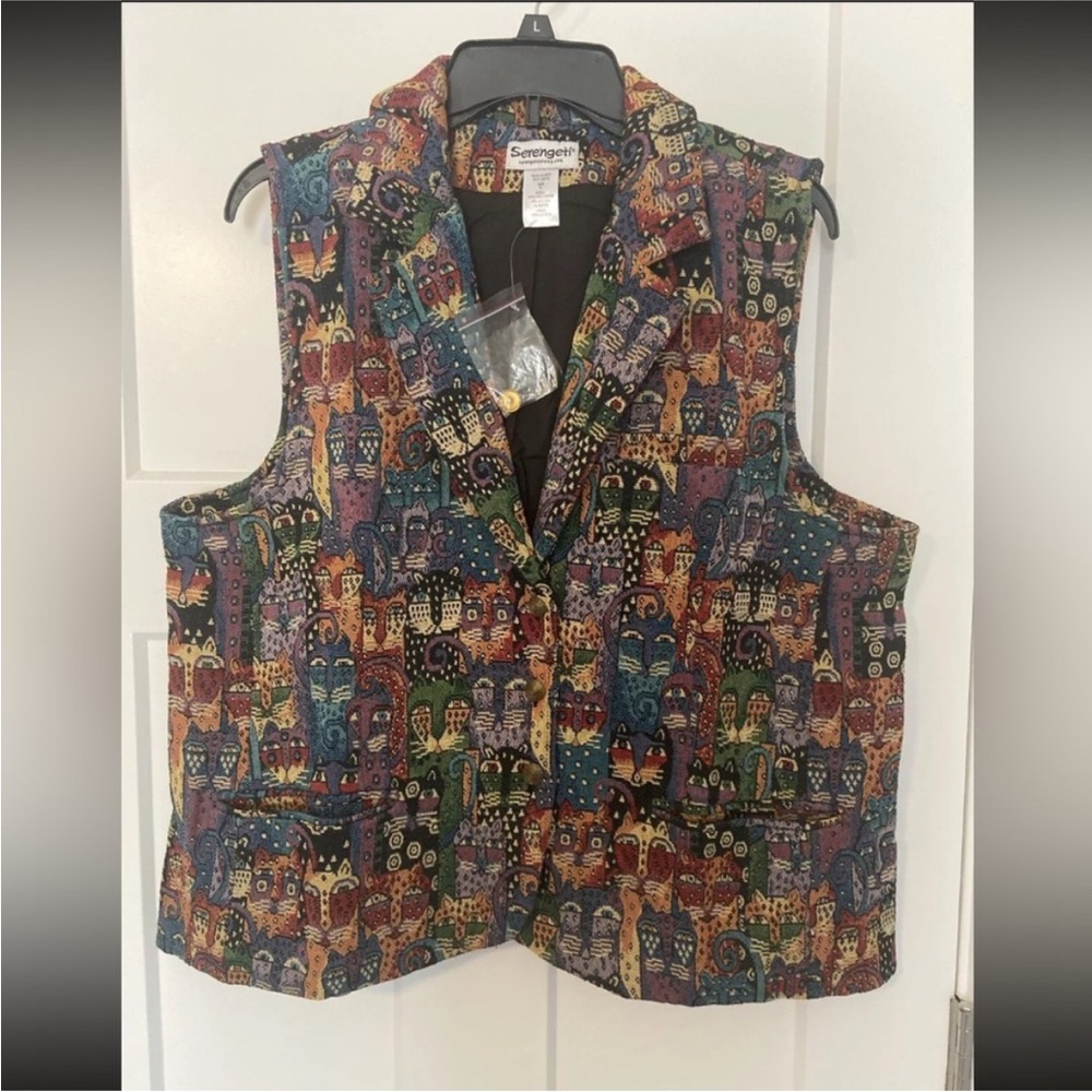 Serengeti Vest Womens XL Multicolor Retro Cat Print Pockets Tapestry New